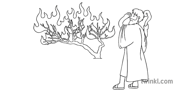 Moses and Burning Bush Schwarz Weiß Illustration - Twinkl