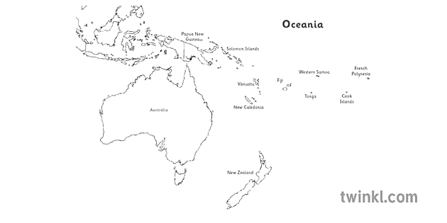 Oceania Map Black and White Illustration - Twinkl