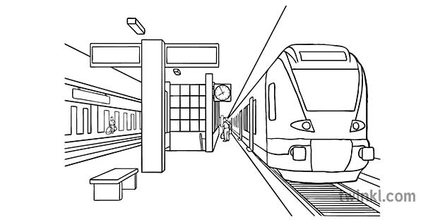 Railway Station Black and White Illustration - Twinkl