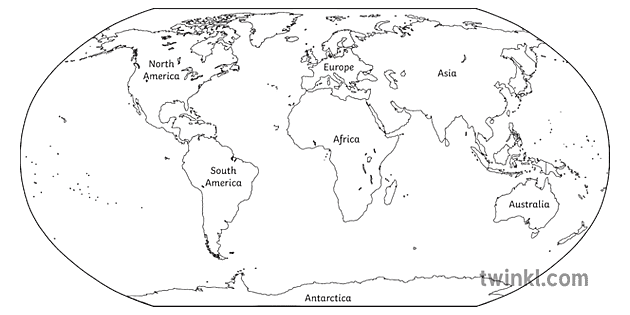 projekcja robinson mapa świata 7 kontynentów zielono szara australia czarno