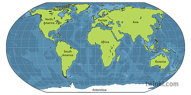 robinson projection world map 7 continents with labels ver 1 Illustration