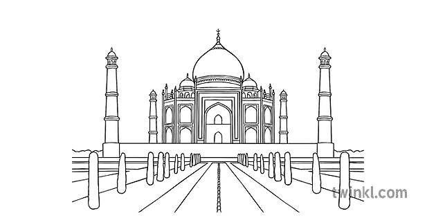 Taj Mahal with Background Black and White Illustration - Twinkl