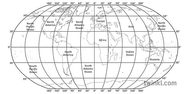 World Map Prime Meridian Black And White Rgb Ver 1 Illustration Twinkl
