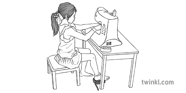 Young Girl Sewing with Machine Black and White Illustration - Twinkl