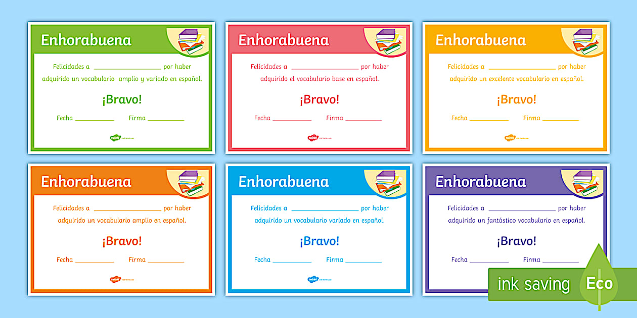 End of Year Vocabulary Award Certificates Spanish Twinkl