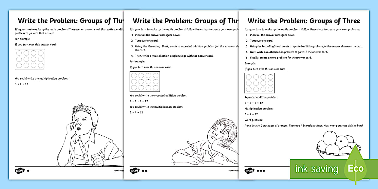 Write the Multiplication Problem: Groups of Three Worksheet