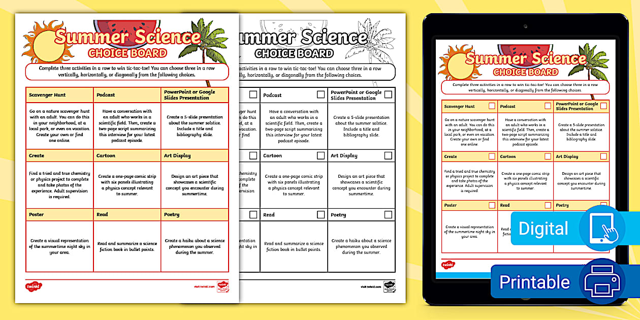 Summer Science Choice Board for 6th-8th Grade