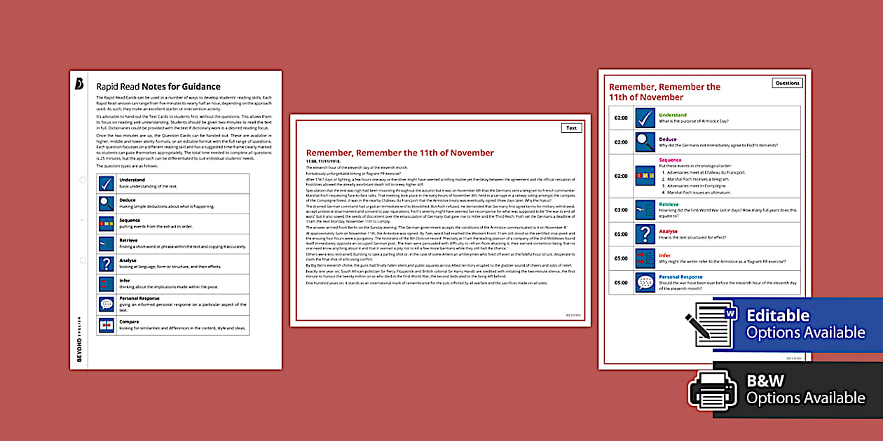 Editable Rapid Reading Comprehension: Armistice Day - Twinkl