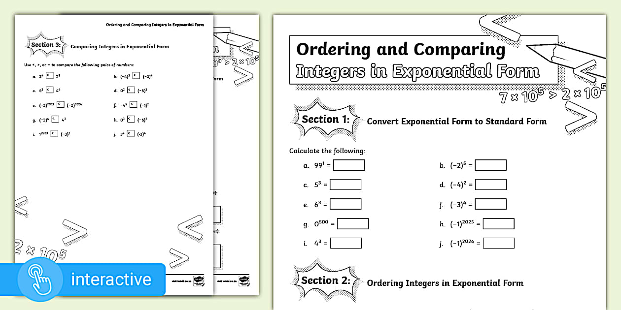 Ordering & Comparing Integers in Exponential Form: Practice Worksheet