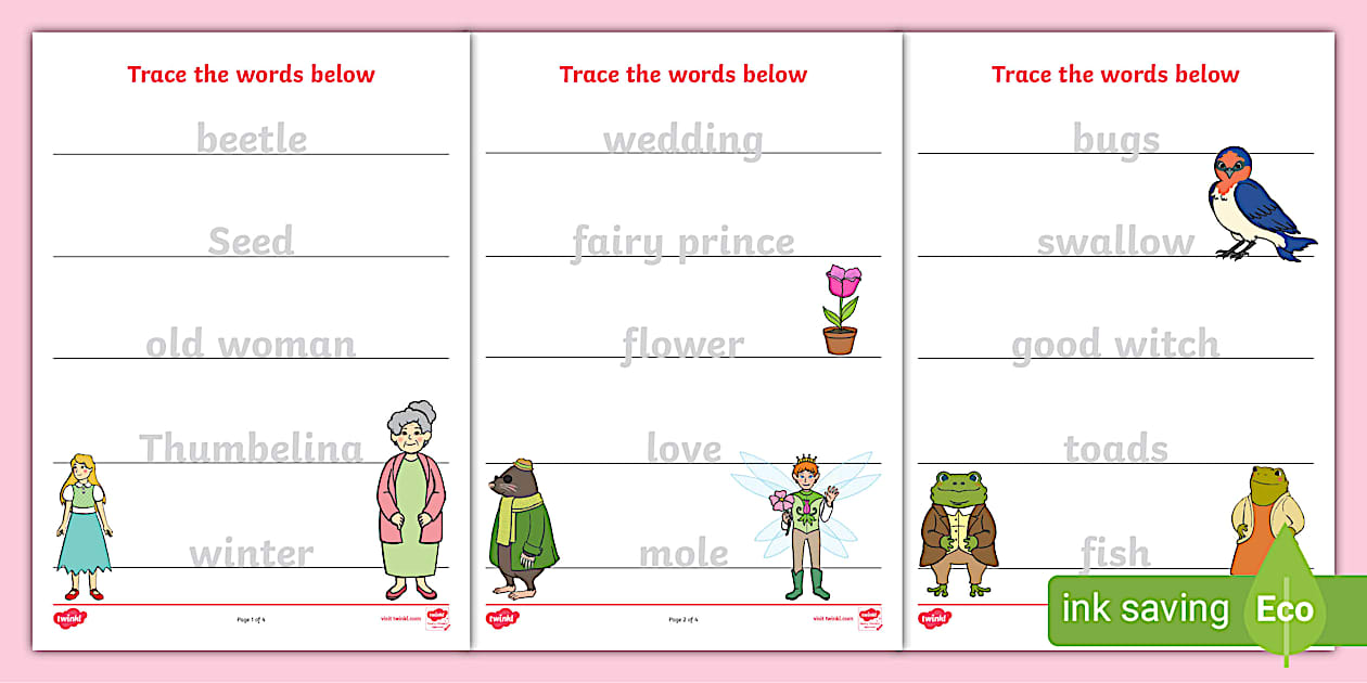 Thumbelina Trace the Words Worksheets (öğretmen yaptı)