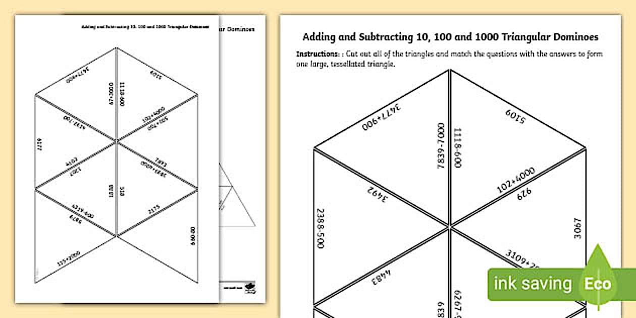 Adding and subtracting 10 100 1000 triangular puzzle activity