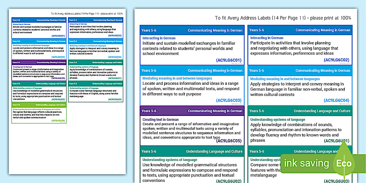 Australian Curriculum German 5-6 Learning Outcomes Stickers