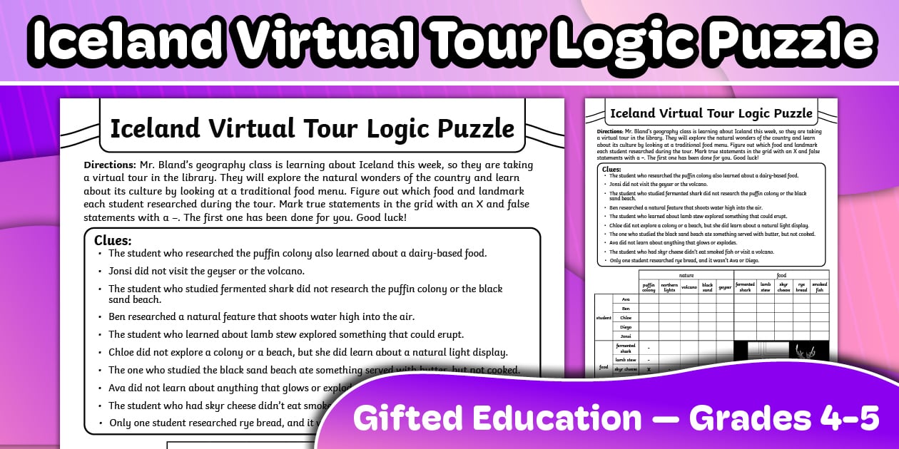 Iceland Virtual Tour Logic Puzzle for Gifted Education