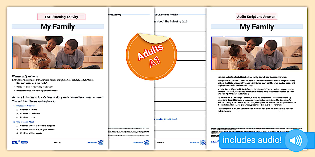 ESL My Family Listening Activity Sheet [Adults, A1] Twinkl