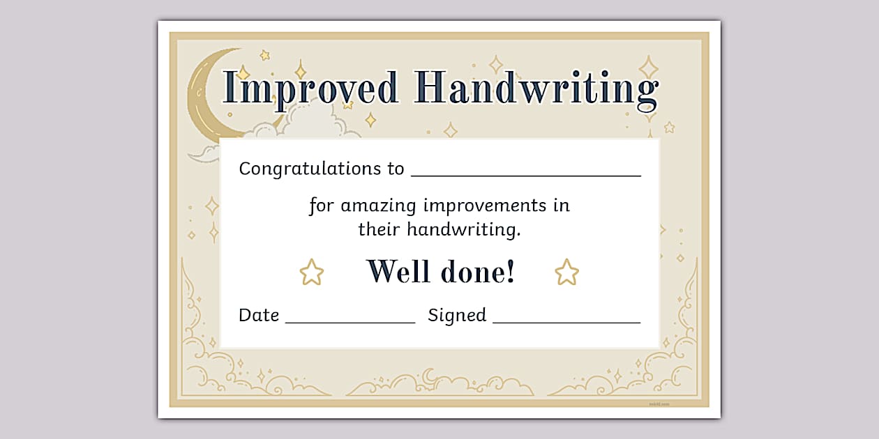 Celestial Themed Improved Handwriting Certificate Twinkl
