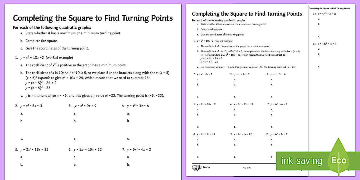 Completing the Square to Find Turning Points Worksheet / Worksheet