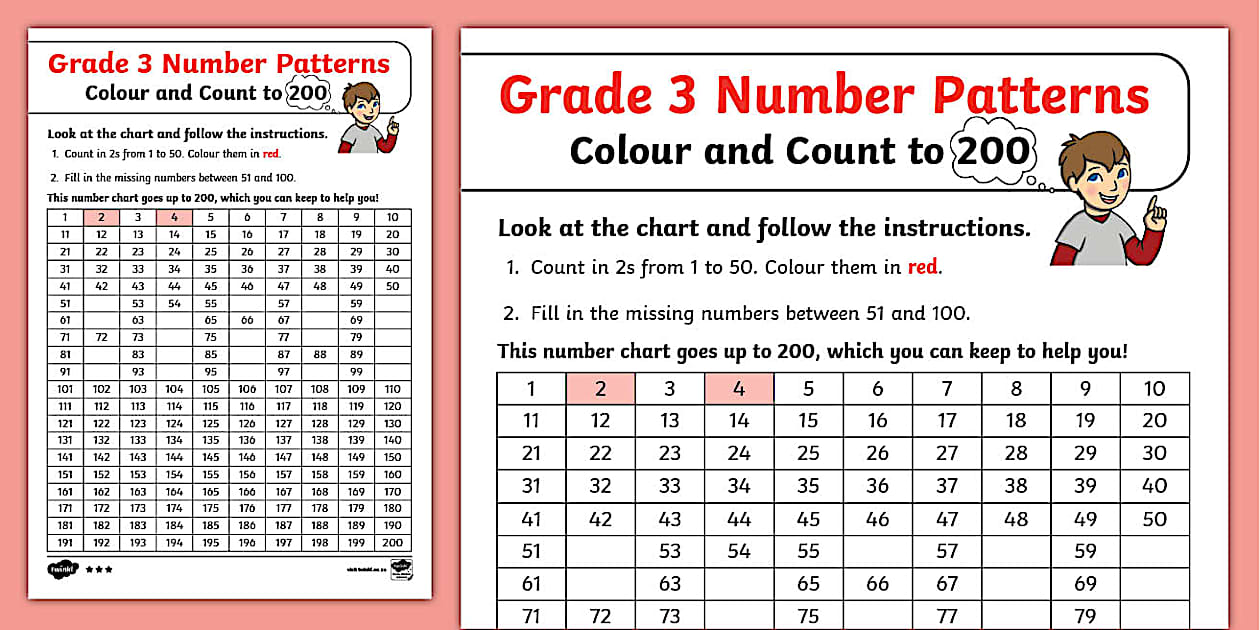 Number Patterns Worksheet: Colour and Count Up to 200