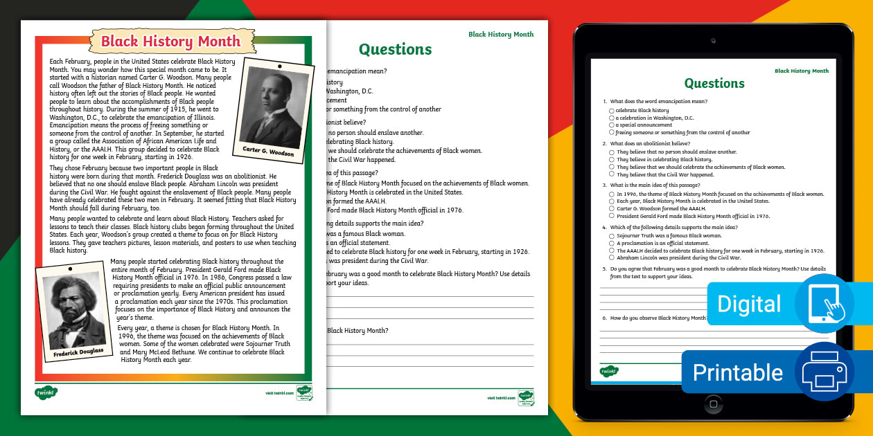 Fifth Grade Black History Month Reading Comprehension Activity