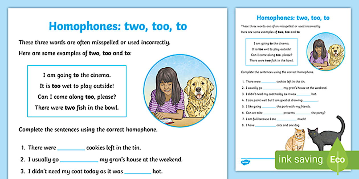Black and White Homophones To Two Too Worksheet Twinkl