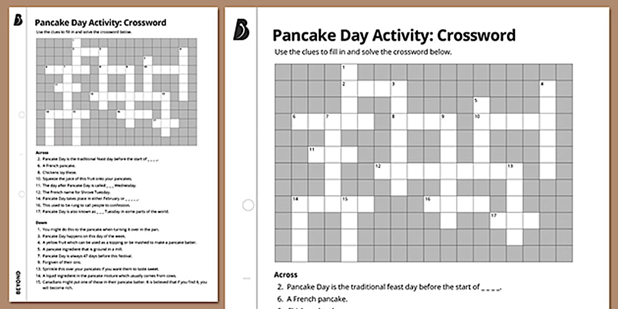 Pancake Day Activity: Crossword Festivals Events Beyond