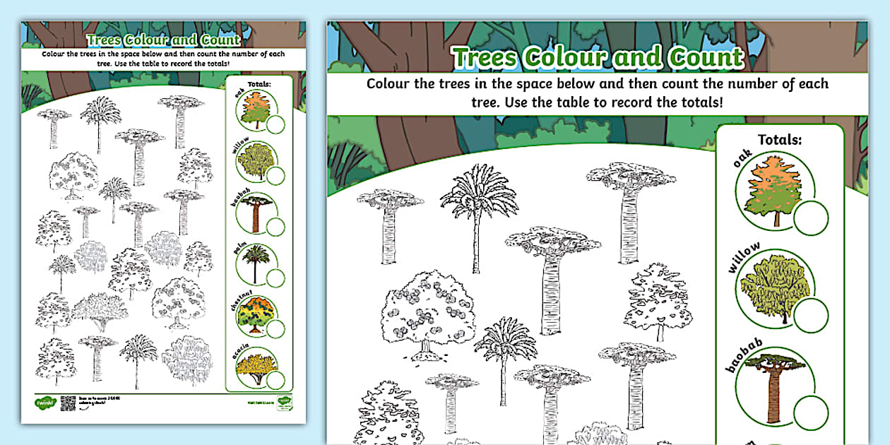 👉 Trees Colour and Count Worksheet (Teacher-Made)