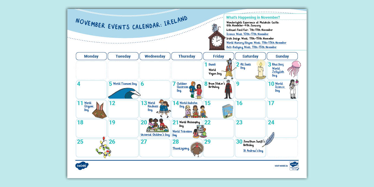 November Events Calendar (TeacherMade) Twinkl