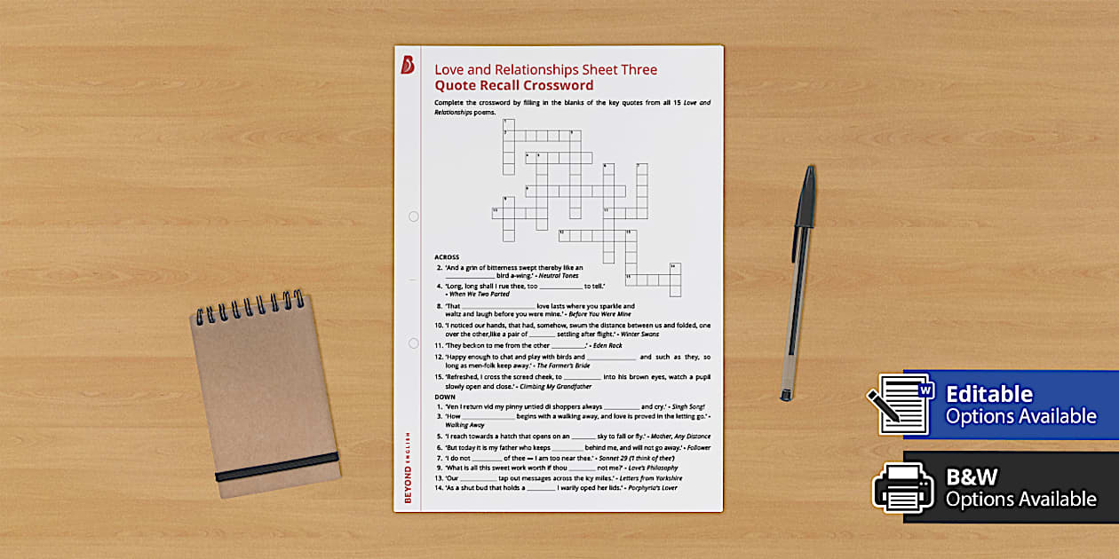 Love and Relationships Quote Recall Crossword Three Twinkl