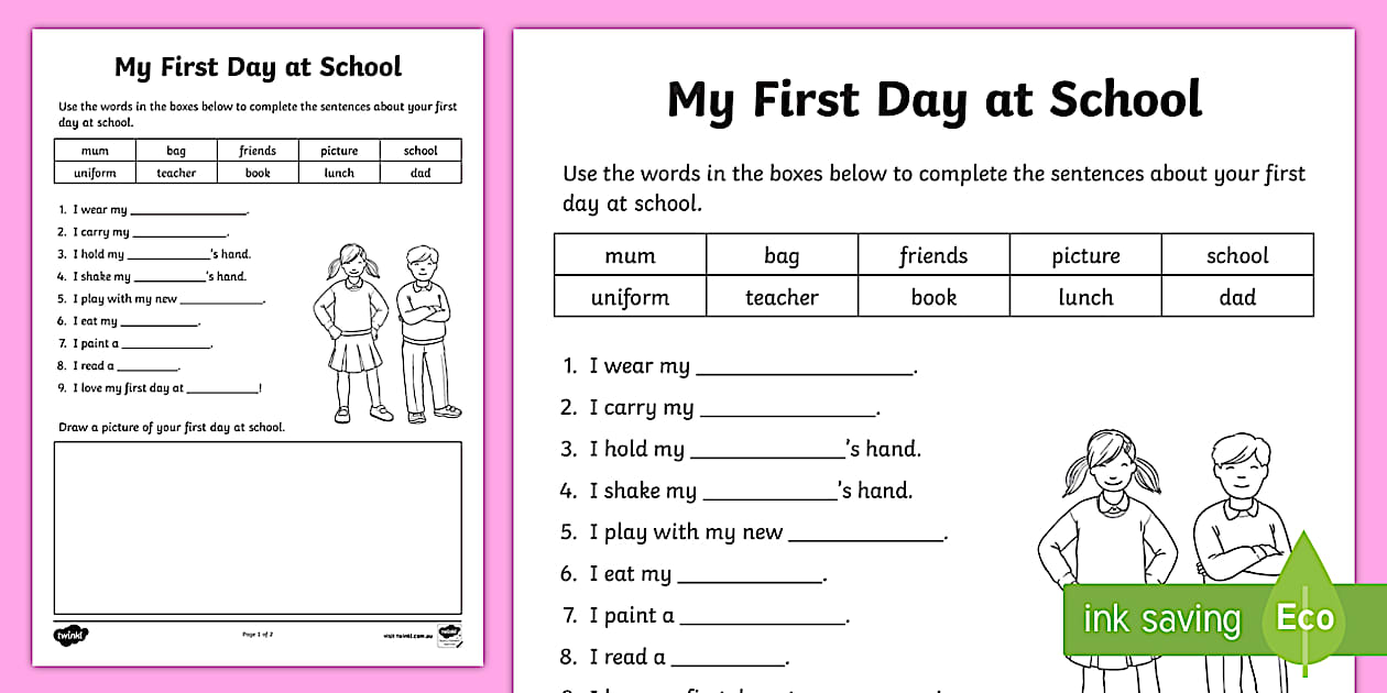 TAS My First Day at School Cloze Activity - Twinkl