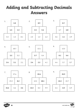 Adding and Subtracting Decimals Worksheet Activity