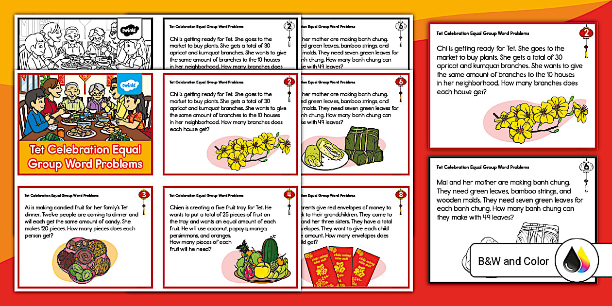 Second Grade Tet Celebration Equal Groups Word Problems Math Task Cards