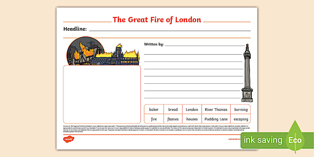 The Great Fire of London Newspaper Writing Template - Twinkl