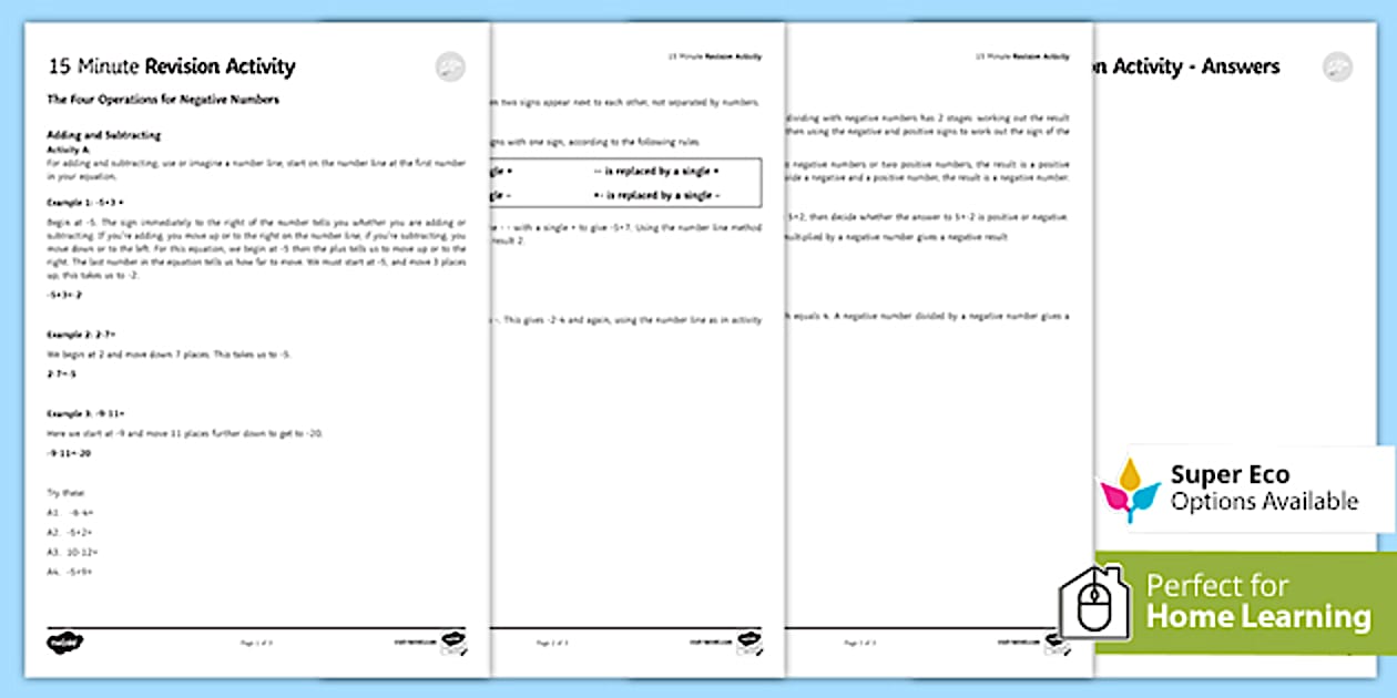 15 minute revision activities the four operations with negative numbers