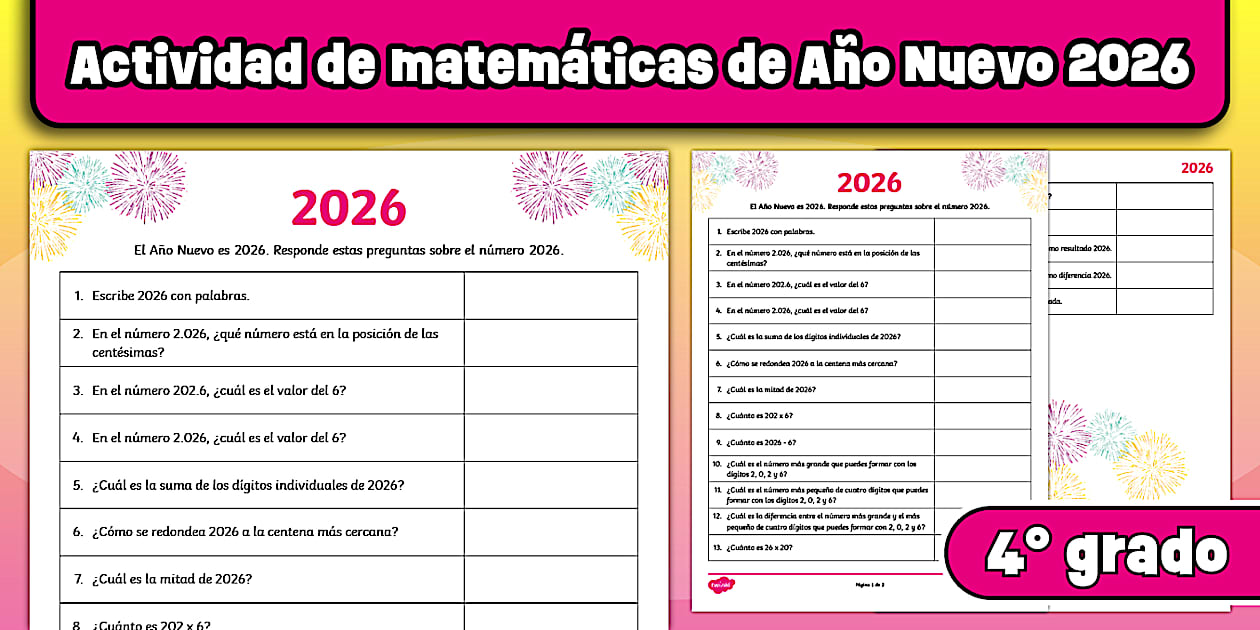 Actividad de matemáticas de Año Nuevo 2026 para 4° grado