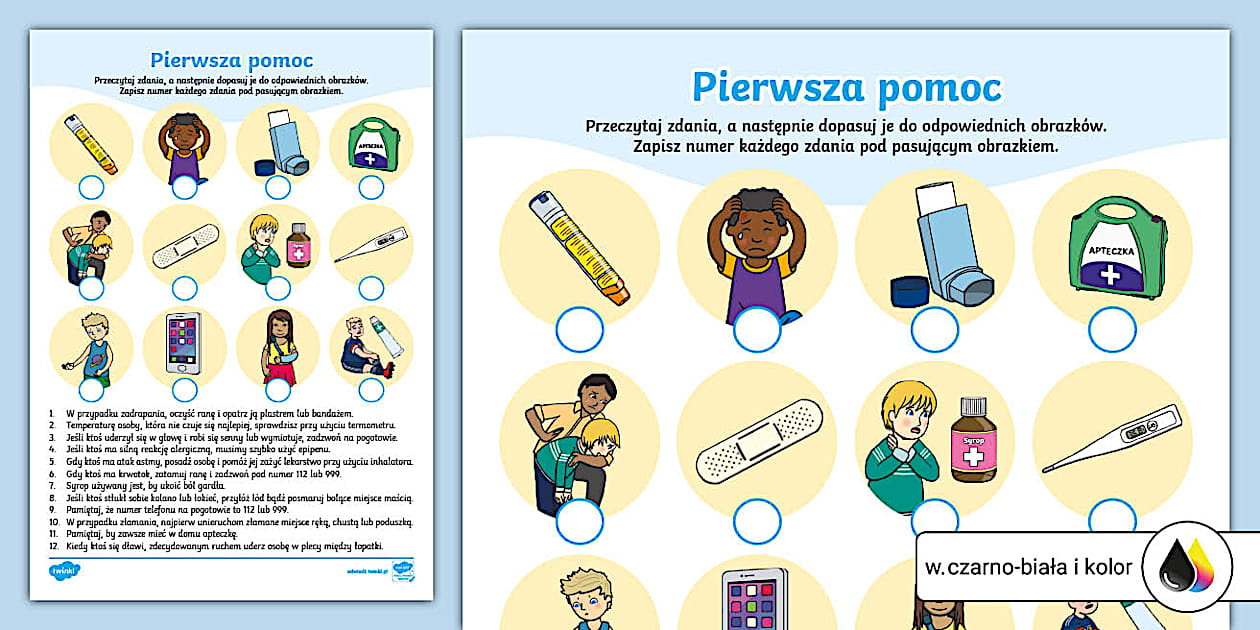 Pierwsza pomoc | Połącz zdanie z obrazkiem | Karta pracy