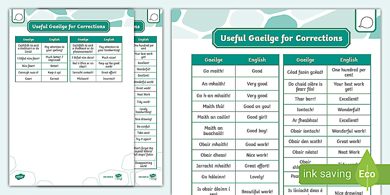 Teacher Planner: Gaeilge Phrases for Corrections - Twinkl