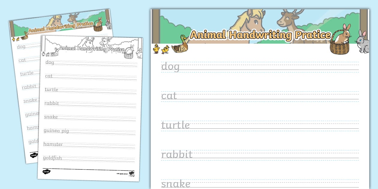 Animal Vocabulary Handwriting Sheets Twinkl