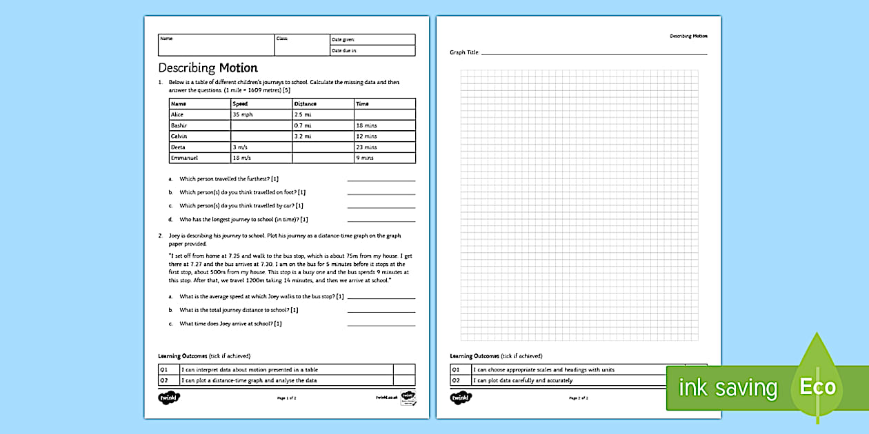 Describing Motion Homework Worksheet / Worksheet - Twinkl