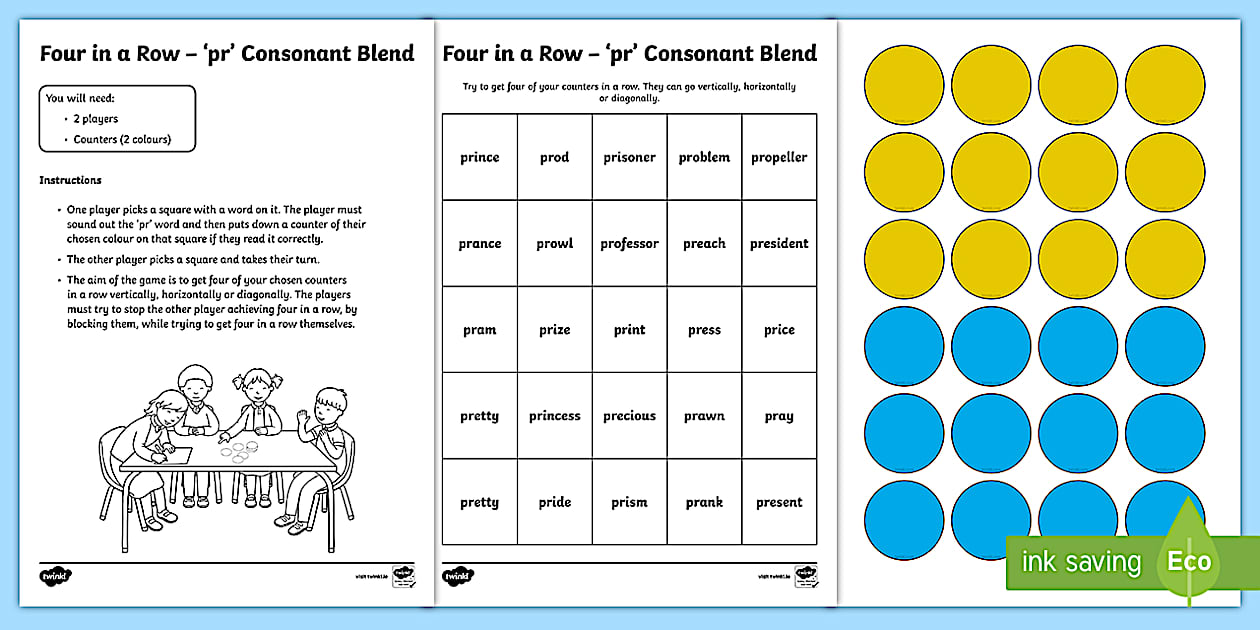 Black and White Four in a Row 'pr' Blends Activity - Twinkl