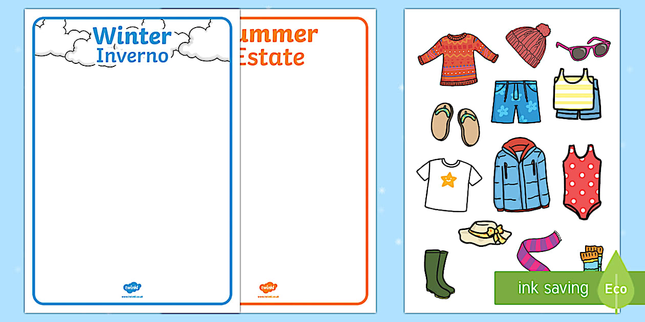 Black and White Winter and Summer Clothes Sorting Activity English/Italian