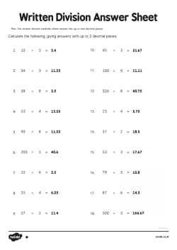 Year 6 Written Division 2 Decimal Places Worksheet / Worksheet