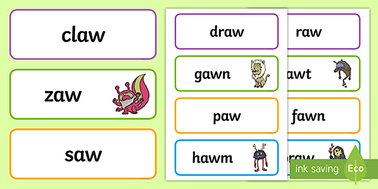 Editable Phase 5 aw Sound Words Flashcards Real and Nonsense Words