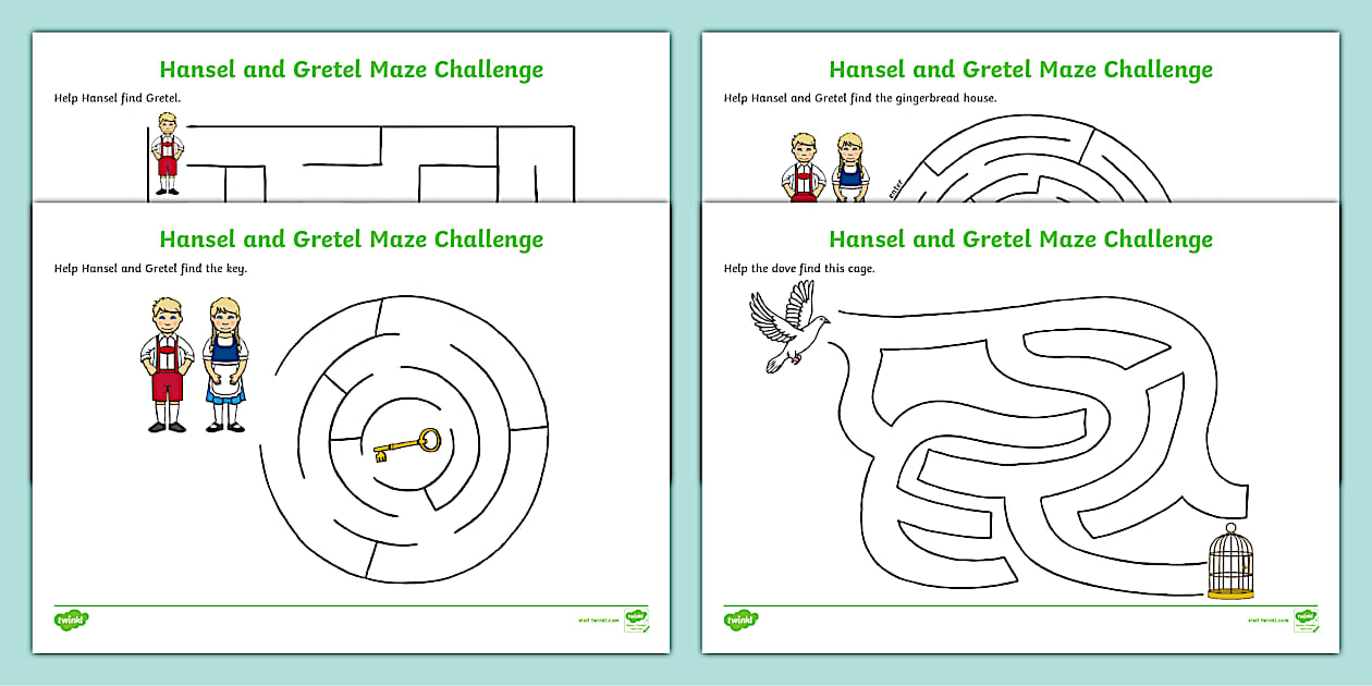 Black and White Hansel and Gretel Differentiated Maze Worksheet Pack
