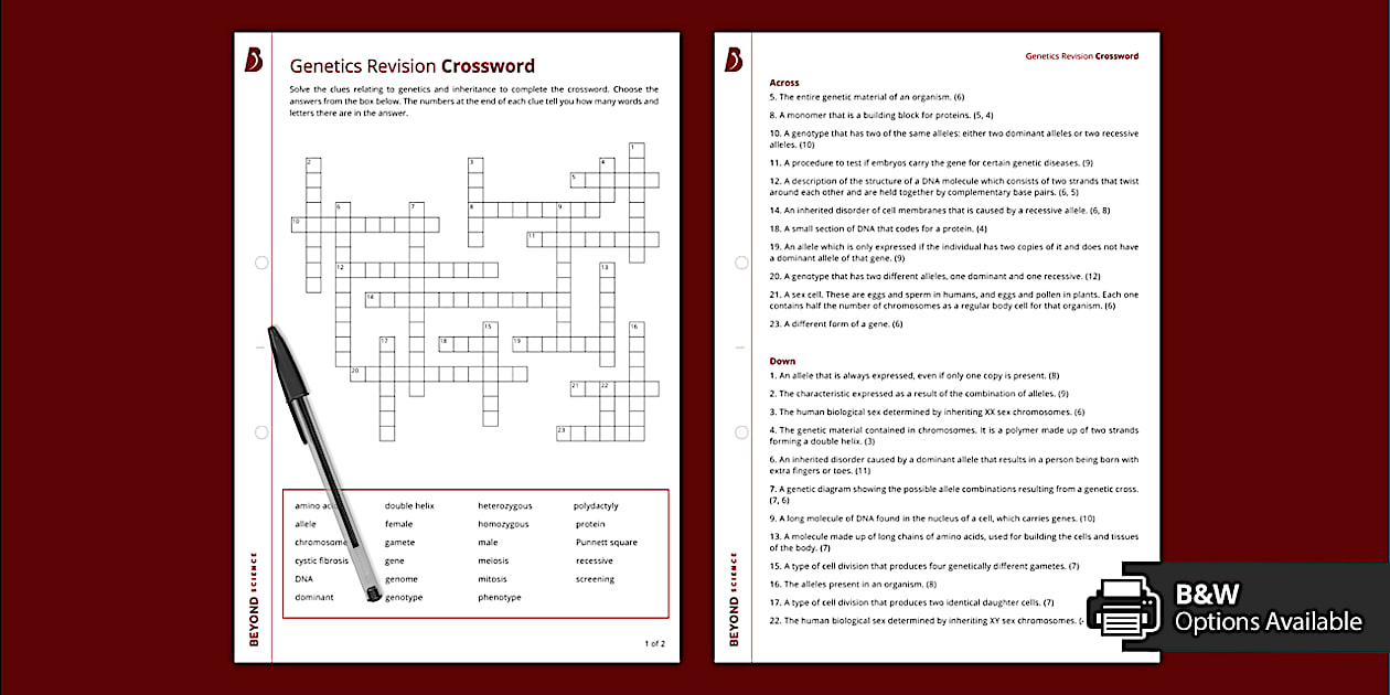 Genetics Revision Crossword (Hecho por educadores) Twinkl
