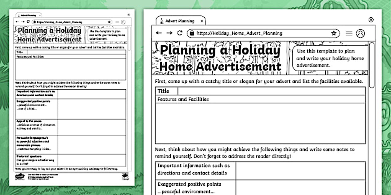 Editable Planning a Holiday Home Advertisement KS2 Activity Sheet
