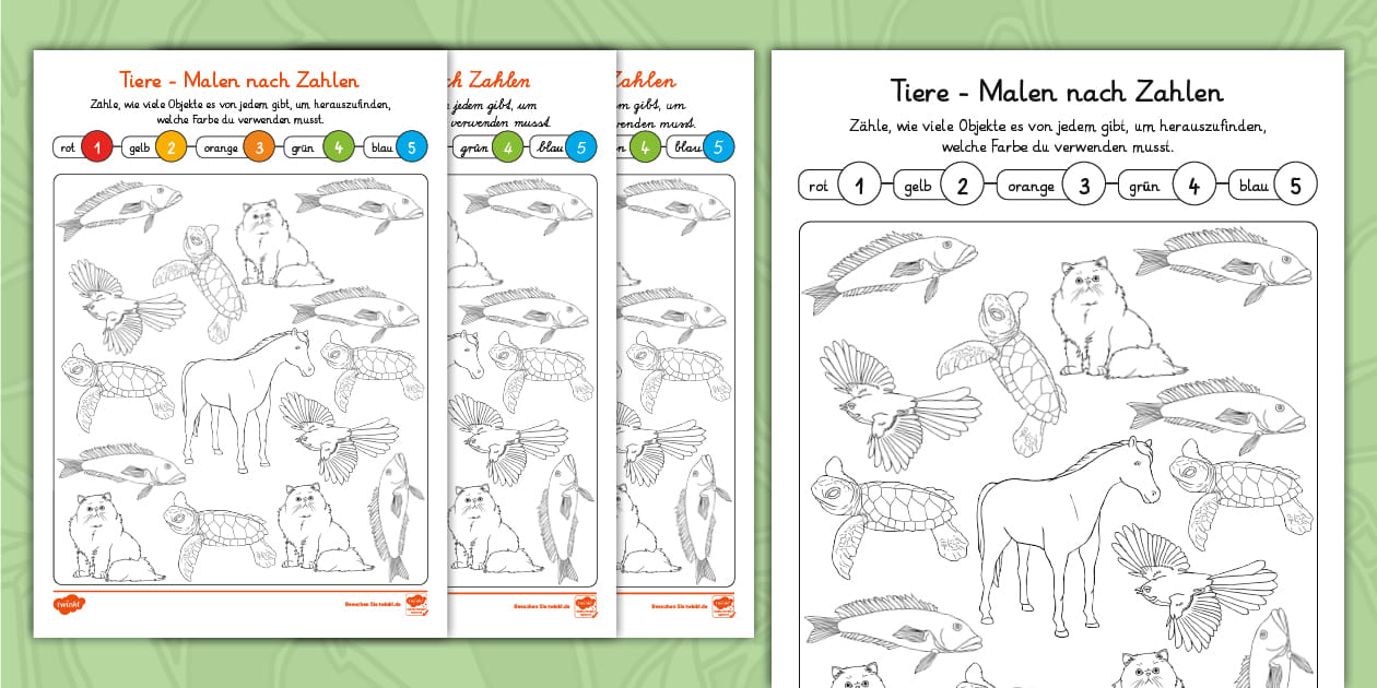 Tiere Malen nach Zahlen - Arbeitsblatt (teacher made)