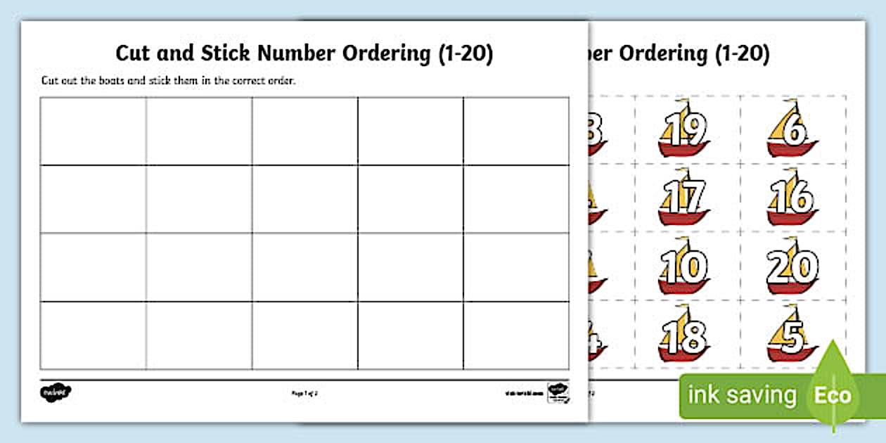 Black and White Boat Themed Cut and Stick Number Ordering Activity 1-20