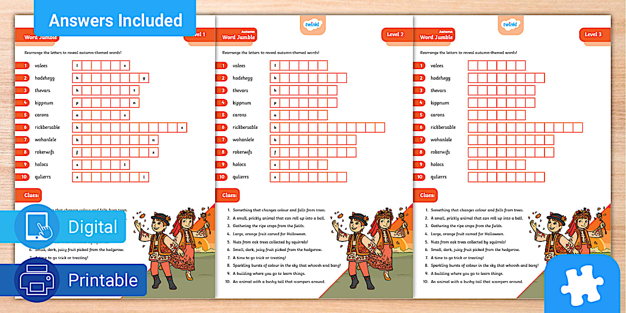 Fun Autumn Word Jumble Puzzle Pack - AL - Twinkl Puzzled