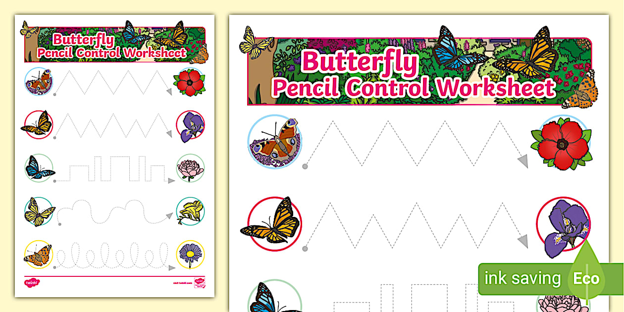 Control System Butterfly Question Butterfly Pencil Control Worksheet - Twinkl - EYFS