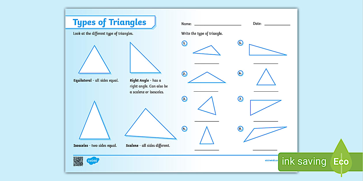 Triangle Types Worksheet Triangles Labelled Twinkl