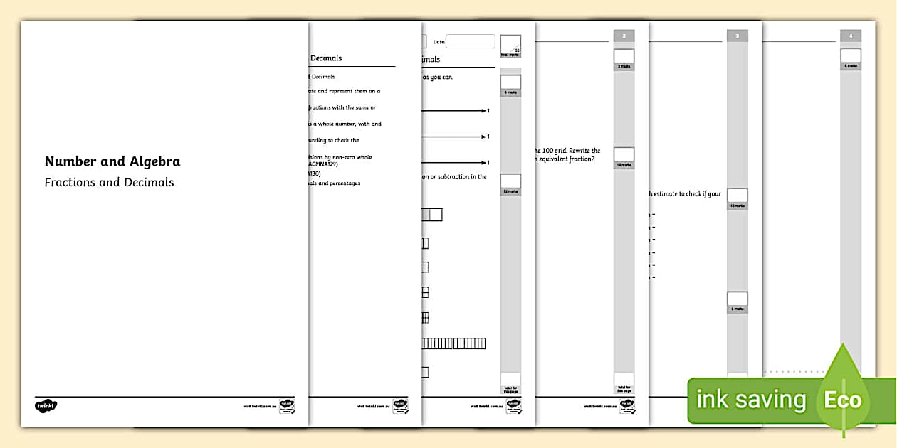 Year 6 Fractions and Decimals Assessment Sheet - Twinkl